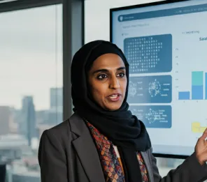 Professional woman in hijab standing confidently in an office